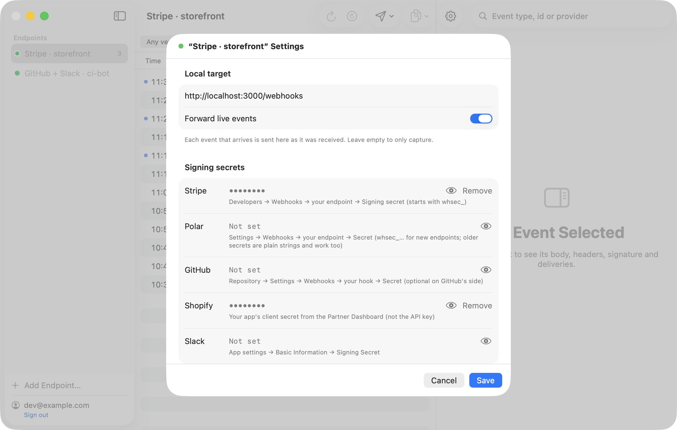 An endpoint's settings in WebhookMon with a signing secret field per provider; the Polar field notes that new endpoints use whsec_ secrets and older plain-string secrets work too