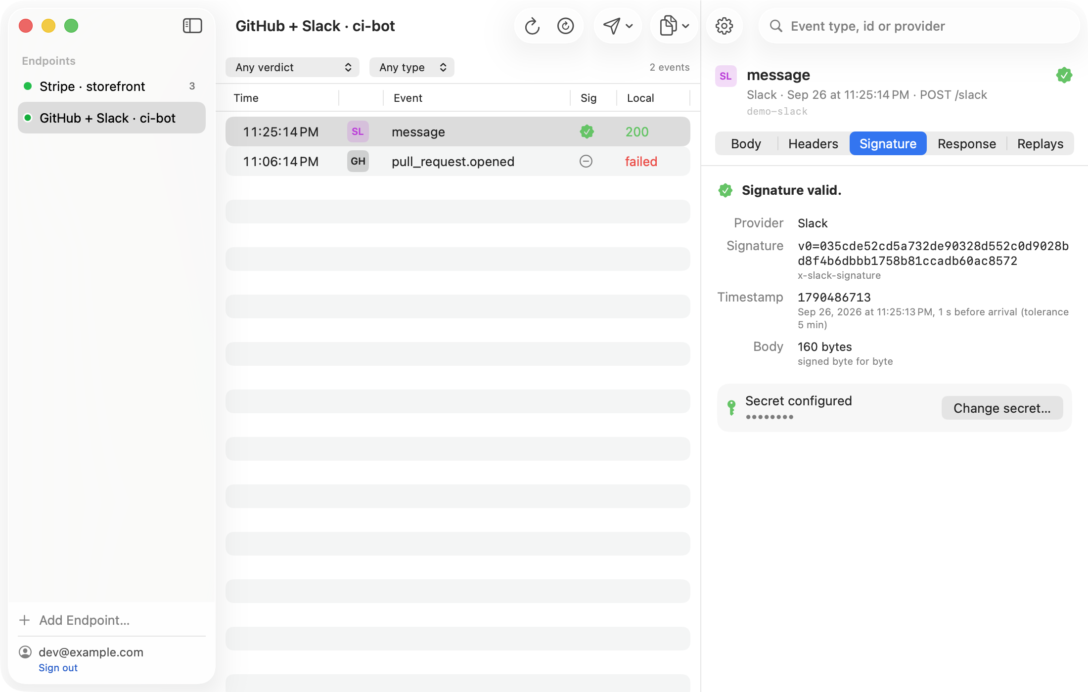 WebhookMon's Signature tab for a Slack message event with a valid signature: the X-Slack-Signature value, its timestamp one second before arrival within the 5-minute tolerance, and the body size
