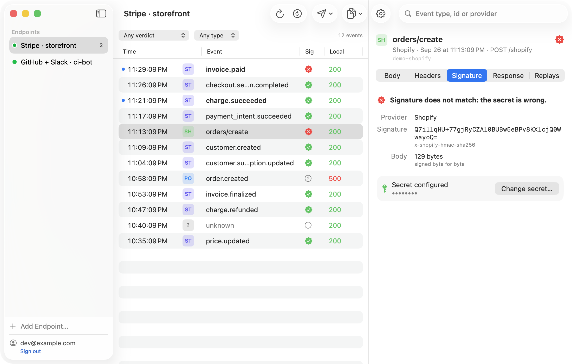 WebhookMon's Signature tab for a Shopify orders/create event: Signature does not match: the secret is wrong, with the x-shopify-hmac-sha256 value, the body size and the configured secret